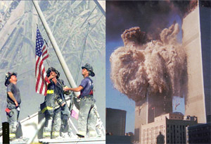 Firemen hoist flag at Ground Zero